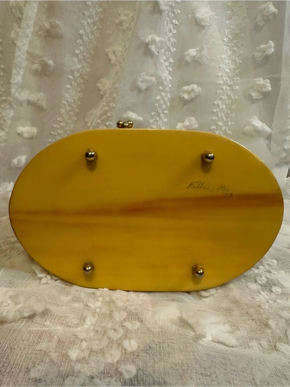 Vintage Yellow/Floral Oval Box purse with Teal Interior